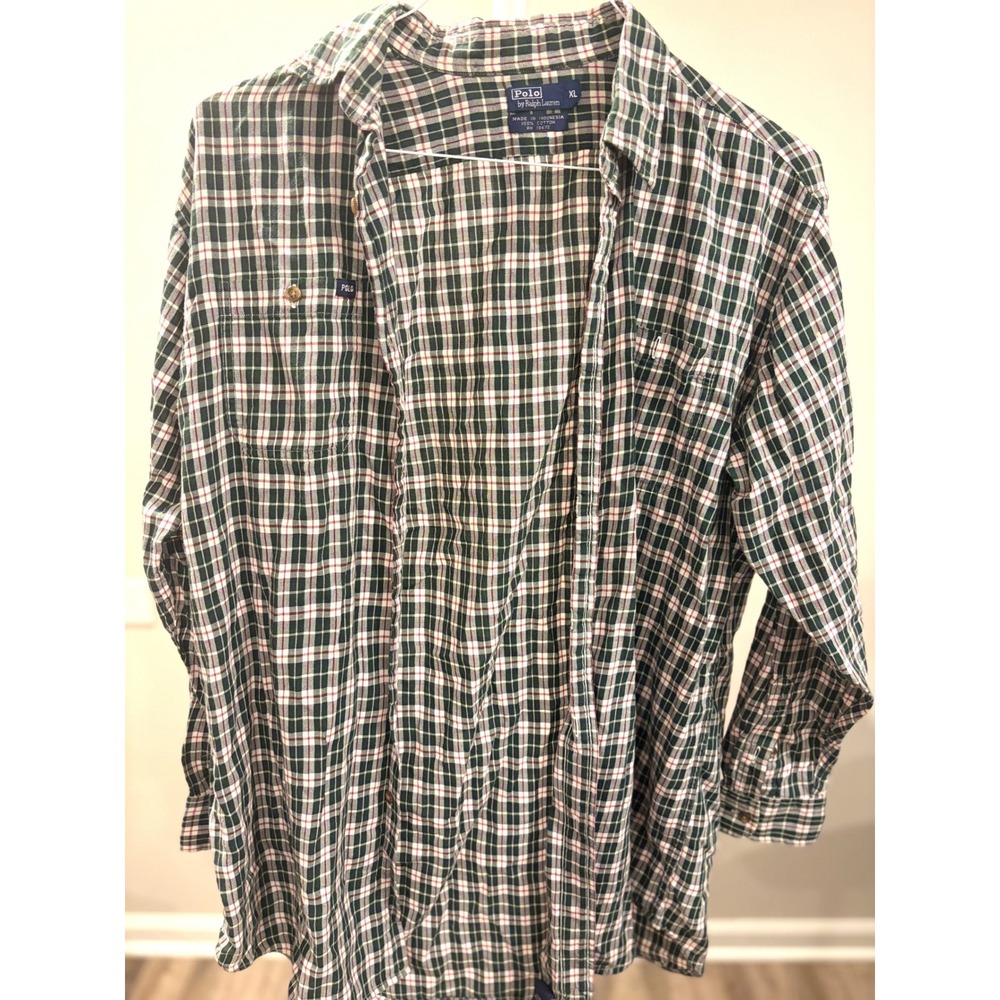 Vintage 90s Polo Ralph Lauren Flannel Shirt Mens XL Green Tartan Plaid Cotton